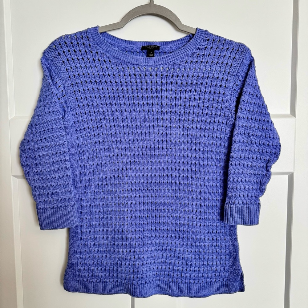 Talbots Windowpane Open Knit Round Neck 3/4 Sleeve Sweater Purple Blue Size XSP